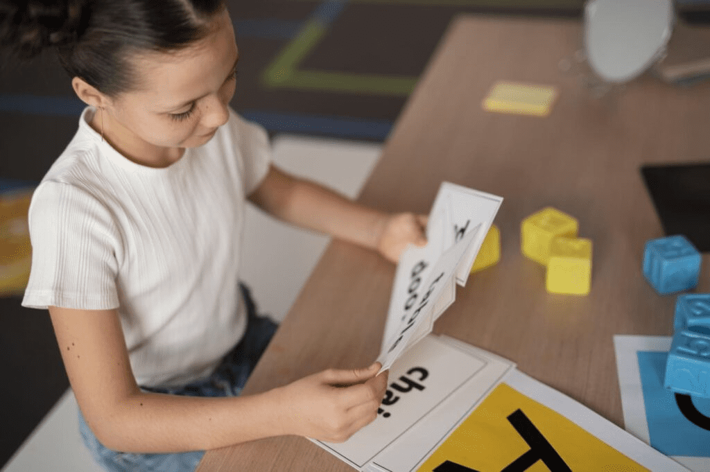 A young girl exploring Montessori word cards during an educational activity — things to do in Düsseldorf with kids that boost literacy and concentration.