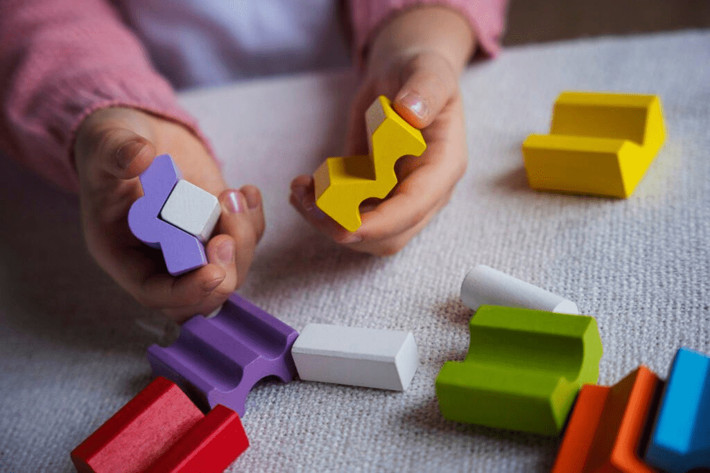 Child playing with colorful wooden blocks while parents apply Montessori parenting tips to support learning through play